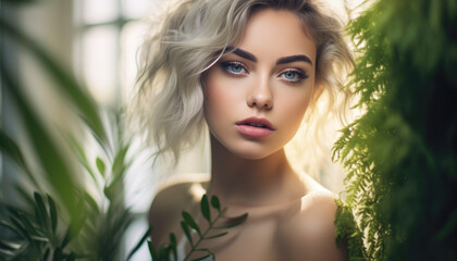 Fototapeta premium Beautiful young female influencer model with perfect makeup and glamorous lifestyle. Generative AI illustrations