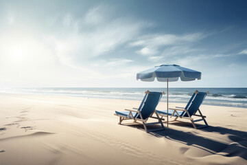 Coastal paradise with beach chairs and umbrella on a sandy beach, inviting vacationers to lounge in the sun and enjoy the view, AI Generative.