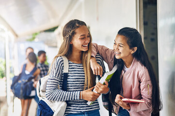 Girl friends, student and school with laughing and books with smile on campus. Teenager, young teen and girls with happiness and discussion together with education ready to start class and learning