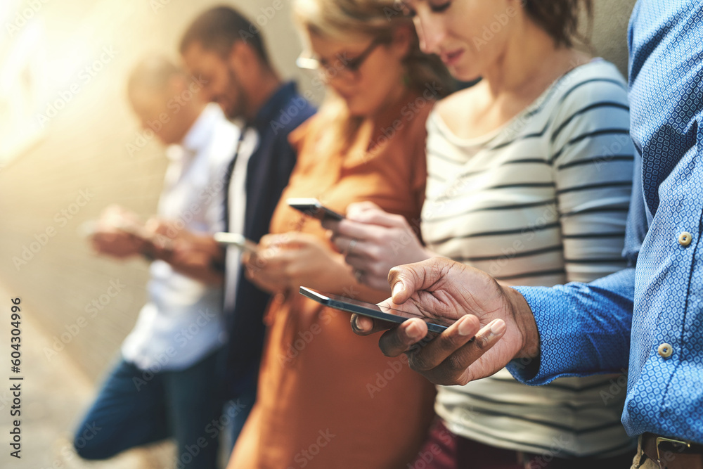 Aufkleber Social media, technology and phone with group of people for networking, internet and connection. Communication, contact and search with friends at wall in city for website, online and app