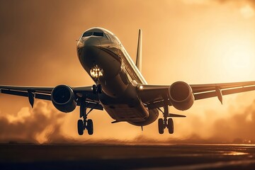 Fototapeta premium The plane takes off from the runway during sunset or sunrise. Generative AI.