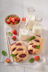 Tasty strawberry yeast cake as summer snack.