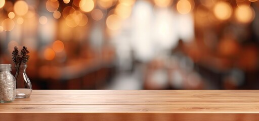 Fototapeta premium Abstract Decorations. Restaurant Interior with Empty Wooden Table. Setting the Stage for Product.