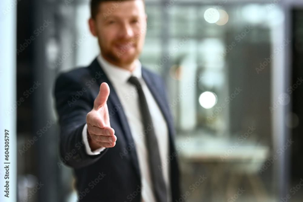 Sticker Handshake, offer and portrait of business man for success, agreement or introduction, hiring and welcome. Professional person shaking hands in pov meeting, night deal or congratulations and thank you