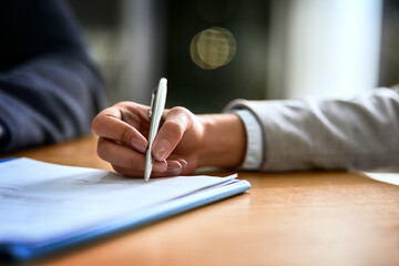 Business people, hands and documents or signature for deal, partnership or legal paperwork,...