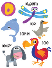 English alphabet with cute animals vector illustrations set. Funny cartoon animals: dolphin, donkey, duck, dodo, dragonfly. Alphabet design in a colorful style.