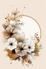 watercolor white flowers round frame with copy space on beige background, ai generated