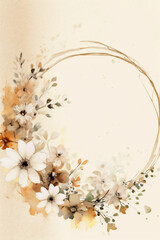 watercolor white flowers round frame with copy space on beige background, ai generated