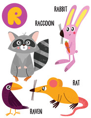 English alphabet with cute animals vector illustrations set. Funny cartoon animals: raccoon, rat, rabbit, raven. Alphabet design in a colorful style.
