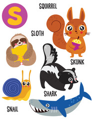 English alphabet with cute animals vector illustrations set. Funny cartoon animals: squirrel, snail, skunk, sloth, shark. Alphabet design in a colorful style.