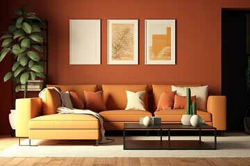 Transform Your Living Room with a Coral or Terracotta Accent Sectional Sofa in this Art Gallery Inspired Interior Mockup, Generative AI.