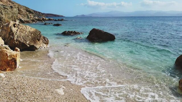 View of the coast in Piso Livadi, Paros Island. Aegean Sea, Cyclades Archipelago, Greece.