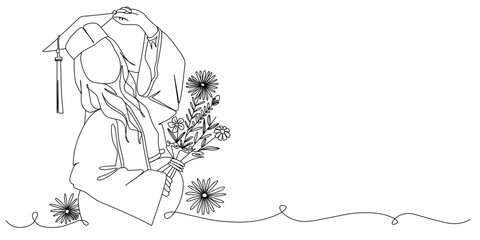 Line art vector illustration of a graduation girl with a bouquet of flowers, graduation line art style vector illustration