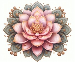 Illustration of a lotus flower image in pink and green, inspired by serene and peaceful landscapes and meditation. Generative AI
