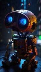 Fototapeta premium An adventurous robot exploring a vibrant, fantastical world. Cute and lovely, curious baby robot. Alone, without home. Great for loneliness, friendship, kids concepts. Generative AI