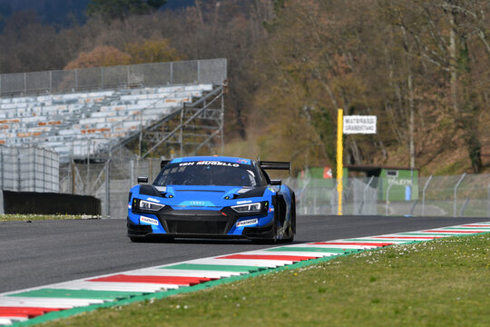 Scarperia, 23 March 2023: Audi R8 LMS GT3 EVO II of Saint&eacute;loc Junior Team driven by Erwan Bastard-Paul Evrard in action during 12h Hankook Race at Mugello Circuit in Italy.