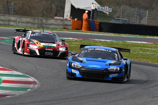 Scarperia, 23 March 2023: Audi R8 LMS GT3 EVO II of Saint&eacute;loc Junior Team driven by Erwan Bastard-Paul Evrard in action during 12h Hankook Race at Mugello Circuit in Italy.