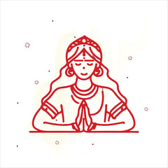 Indian Woman Doing puja line art vector 