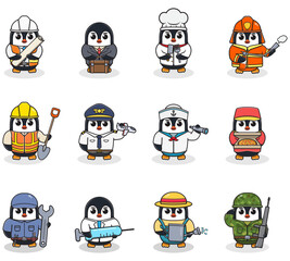 Cartoon Penguin in professional uniform. Vector set of Penguin different professions. Vector characters with jobs different occupation. Different jobs professionals. Isolated vector icons set