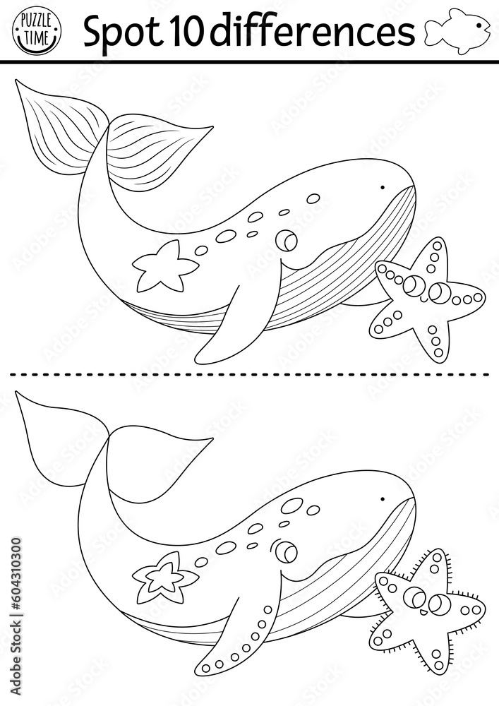 Wall mural find differences game. under the sea black and white educational activity with cute whale and starfi - Wall murals