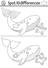 Find differences game. Under the sea black and white educational activity with cute whale and starfish. Ocean life line puzzle for kids with water animal. Underwater printable coloring page.