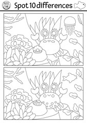 Find differences game for children. Black and white educational activity with cute crab, sponge, sea landscape. Ocean life line puzzle for kids with boat. Underwater printable coloring page.