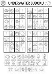 Vector black and white under the sea sudoku puzzle for kids with pictures. Simple line ocean life quiz with cut and glue elements. Education activity or coloring page with water animals and fish.