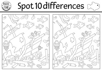 Find differences game for children. Black and white educational activity with wrecked ship, sea landscape. Ocean life line puzzle for kids with boat. Underwater printable coloring page.
