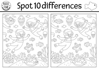 Find differences game for children. Black and white educational activity with cute divers, flatfish, sea landscape. Ocean life line puzzle for kids with boat. Underwater printable coloring page.