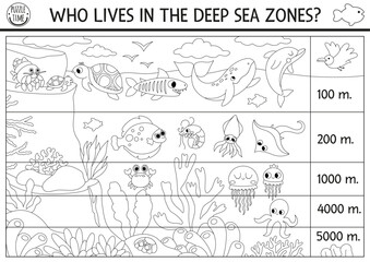 Vector black and white under the sea landscape illustration. Ocean life line scene poster with animals. Educational water nature background or coloring age. Who lives in the deep sea zone.