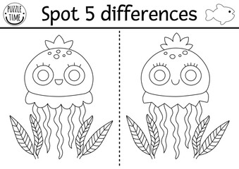 Find differences game for children. Under the sea black and white educational activity with cute jellyfish. Ocean life line puzzle for kids with water animal. Underwater printable coloring page.