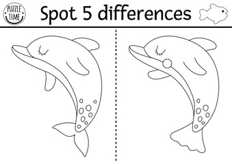 Naklejka premium Find differences game for children. Under the sea black and white educational activity with cute dolphin. Ocean life line puzzle for kids with water animal. Underwater printable coloring page.