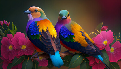 Two colorful birds sitting on some flowers, peaceful, lovely