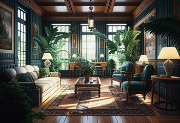 Fototapeta premium Tropical style living room. Exotic style living room with plants. Real estate. Real estate agent. Home staging. Real estate ad 