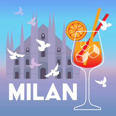 Milan Cathedral and a glass of spritz cocktail flat vector illustration