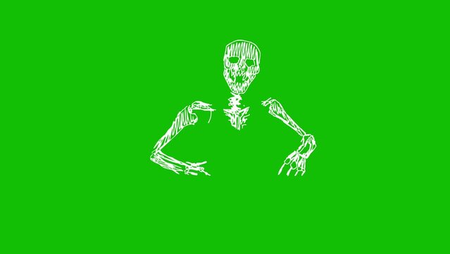 Seamless animation of skeletons dancing thriller in printed drawing style cartoon. Funky Halloween background with a marker stroke effect on green screen background
