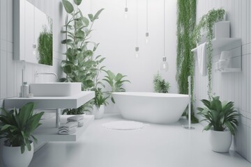 3d modern bathroom interior white with plants minimalism style. AI generated