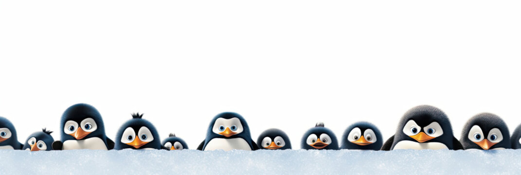 penguins peeking out a corner in white background, with copy space, generative ai