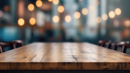 Wooden table with blurred office background, bokeh effect, Generative AI