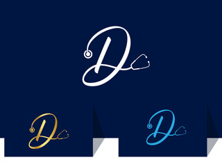 Doctor D letter logo design. Signature D logo. Medical D letter. Hospital. Surgery. Premium. Stethoscope. Medicine. Business templet