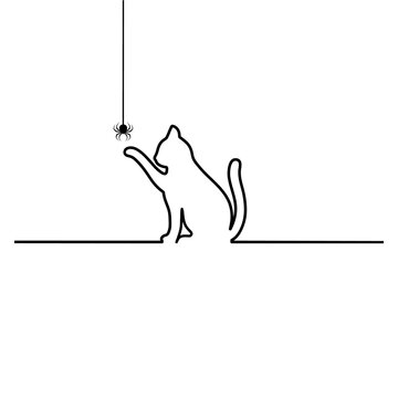 Linear illustration of a black cat with a spider on a white background