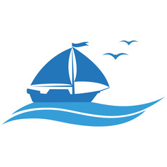 Illustration logo of a sailboat in the blue sea with seagulls on a white background