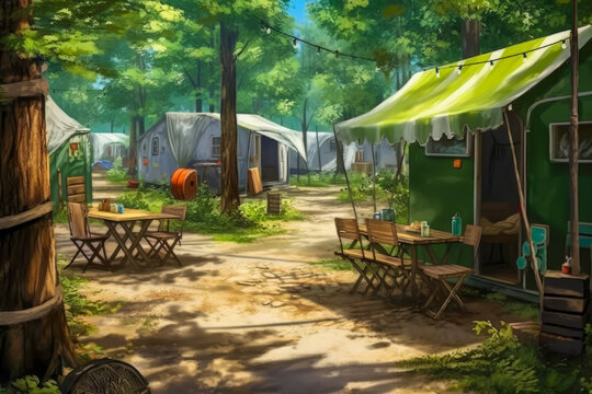 camping street interior view campsite illustration, generative ai