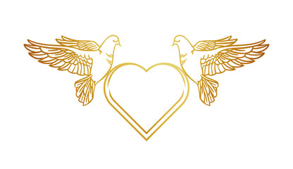 Template with doves and a heart on a white background in hand-drawn style for print and design. Vector illustration.