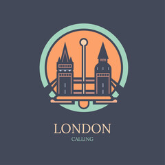 Obraz premium Orange and green circle with a drawing of a bridge and two towers. The circle is labeled London Calling
