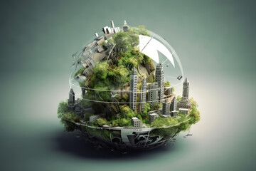 a crystal trasnparent sphere with a environment city in interior, generative ai
