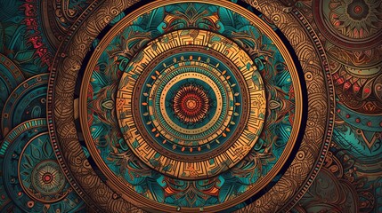 mandala colorful vintage art, ancient Indian vedic background design, old painting texture with multiple mathematical shapes Generative AI