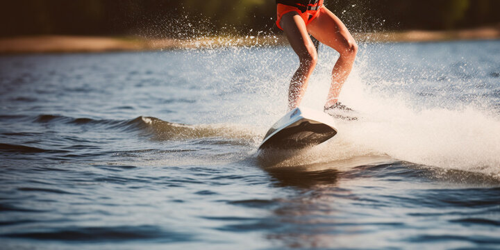 Woman riding water skis closeup. Body parts without a face. Athlete water skiing and having fun. Living a healthy lifestyle and staying active. Water sports theme. Summer by the sea. Generative AI