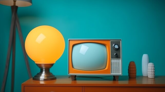 Yellow Orange color old vintage retro Television on wood table with mint blue background Generative AI