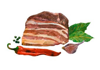 Piece of smoked pork belly, bacon for breakfast, delicious food, menu design, color illustration highlighted on a white background in watercolor technique and hand-drawn style